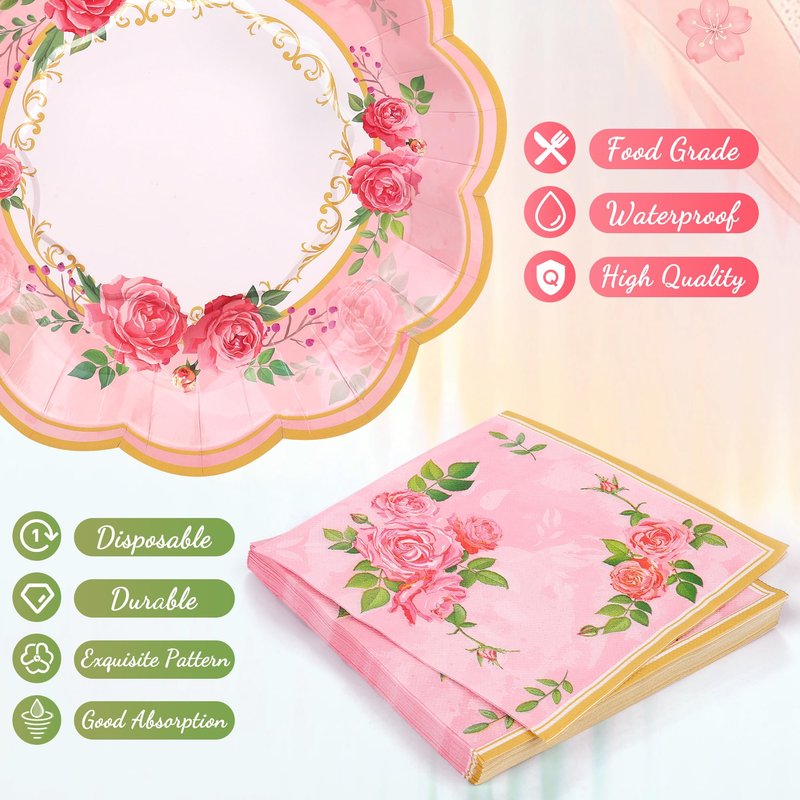 Kochorie 96 Pieces Floral Paper Tea Cups and Saucers 9 Oz Teacups with Handle 9 Inch and 7 Inch Paper Plates Saucers Napkins Disposable Tea Party Supplies Serve 24 for Wedding Baby Shower Party, Pink