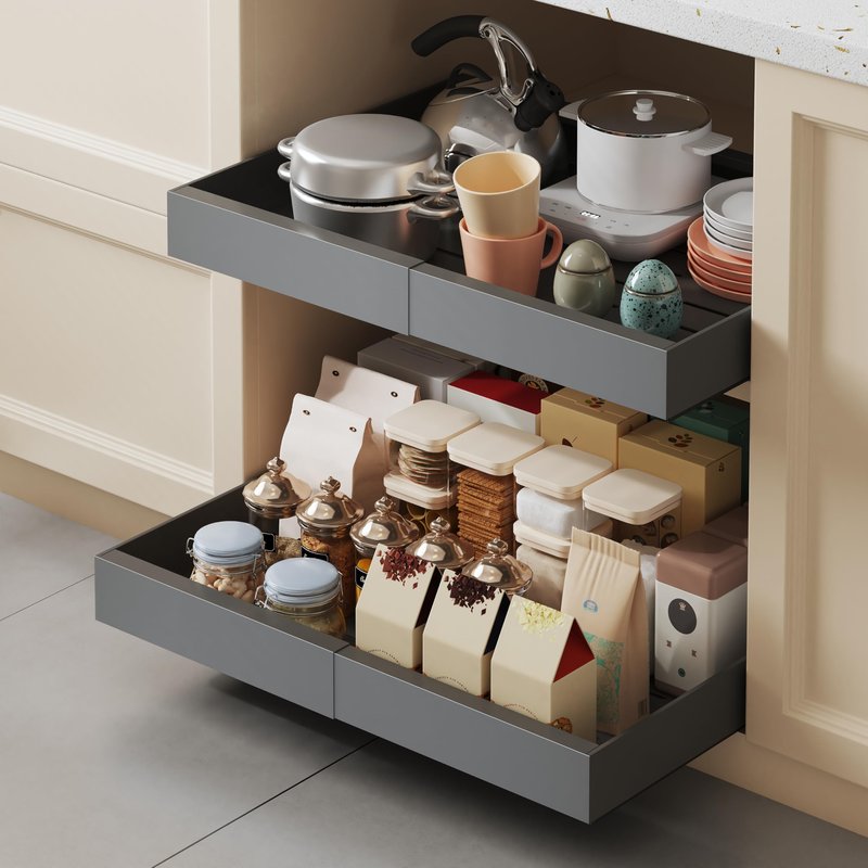 Qayfatter 2 Pack Pull Out Cabinet Organizer, Expandable 12.6"-20.6" Width, 16.5" Dx 2.9" H, Heavy Duty Carbon Steel Slide Out Drawers with 3 Silent Rails, No Drill Install, Patent US D1080100S