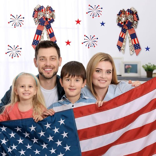Jutom Patriotic Bow Wreath - Red, White & Blue Star Burlap Bow for 4th of July & Veterans Day Decor