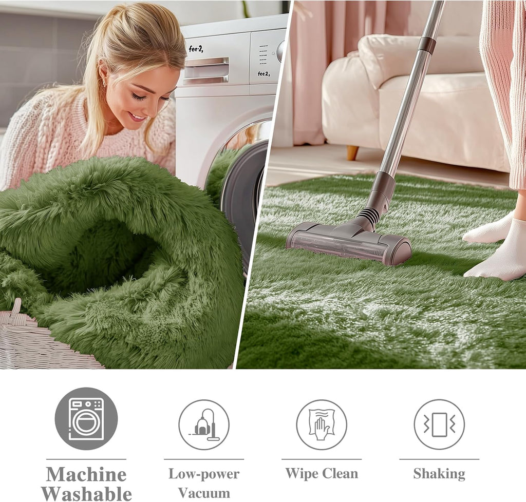 OLANLY Green Round Rug - Soft, Fluffy Shaggy Area Rug | 9 ft Circle for Bedroom & Living Room Decor