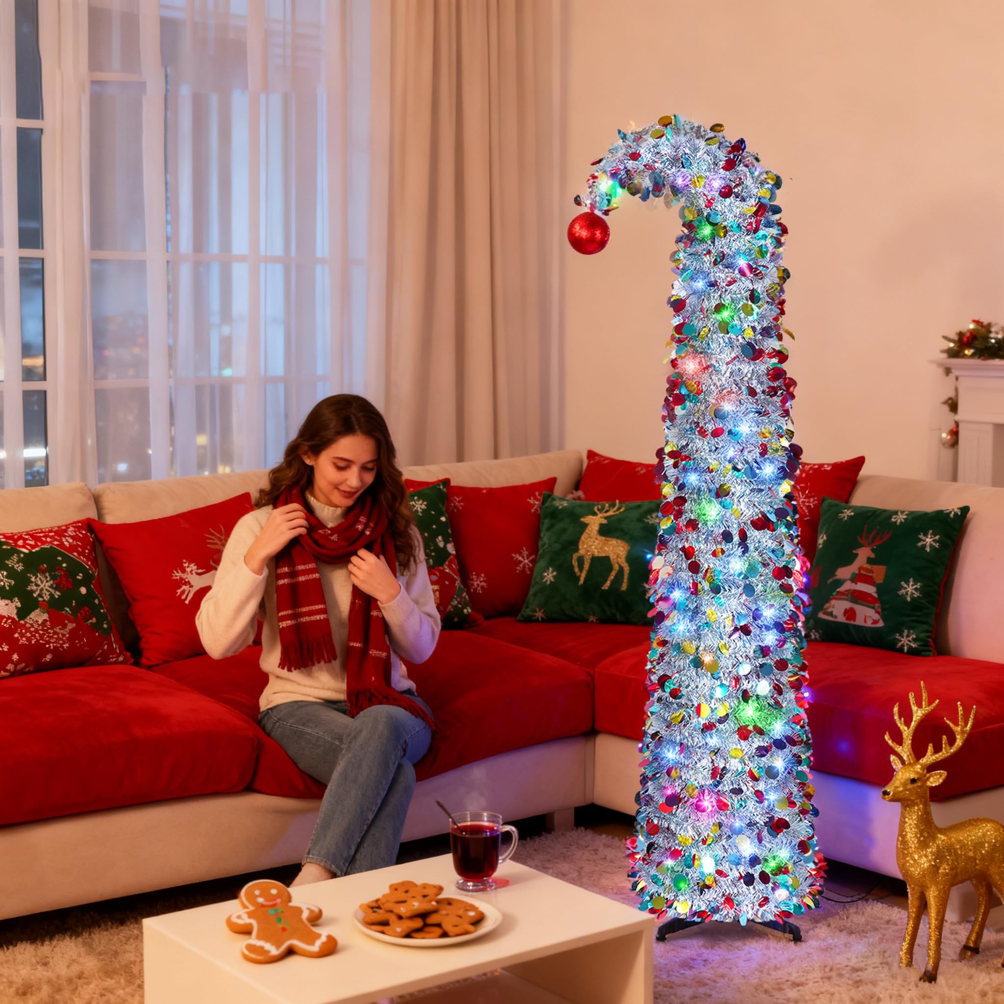 NEXSTRON 5Ft Pop Up Christmas Tree Collapsible with Lights, Easy Pull Up Christmas Tree Foldable with 150 Color Lights, Colorful Silver Pencil Skinny Tinsel Xmas Tree with Storage Box for Apartments
