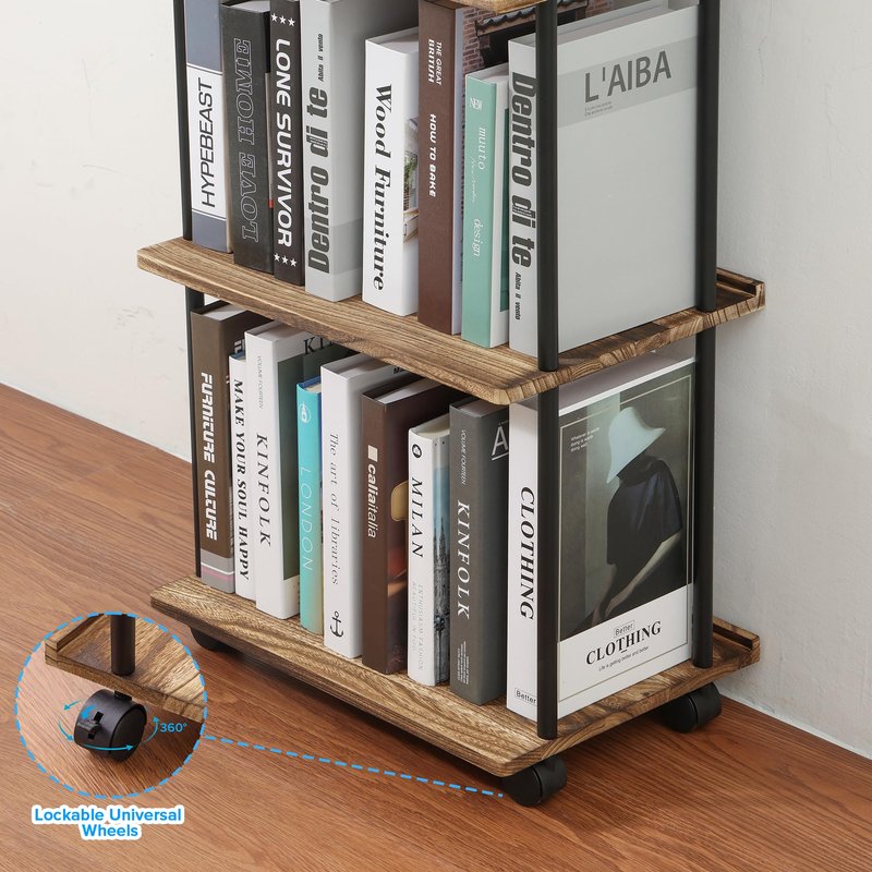 GETALL 5 Tier Bookshelf with Wheels, Tall Bookcase for Small Spaces, Solid Wood Narrow Shelf, Corner Book Shelf Storage Organizer for CDs, Movies, Movable Shelfing Unit for Bedroom, Living Room