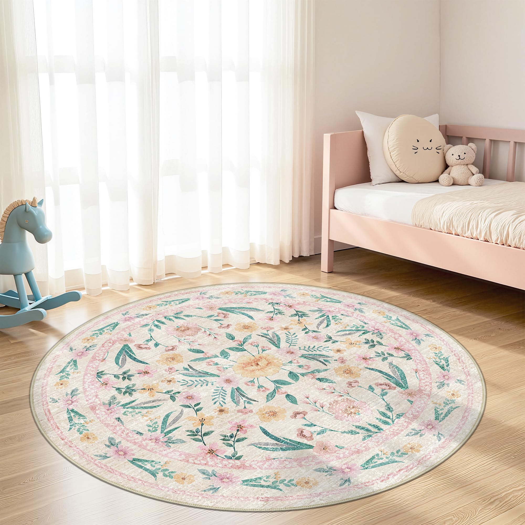 Dadasgk Pink Floral Round Rug 5ft, Washable Boho Circle Area Rug for Girls Bedroom, Soft Non-Slip Botanical Carpet for Nursery, Kids Room, or Living Room