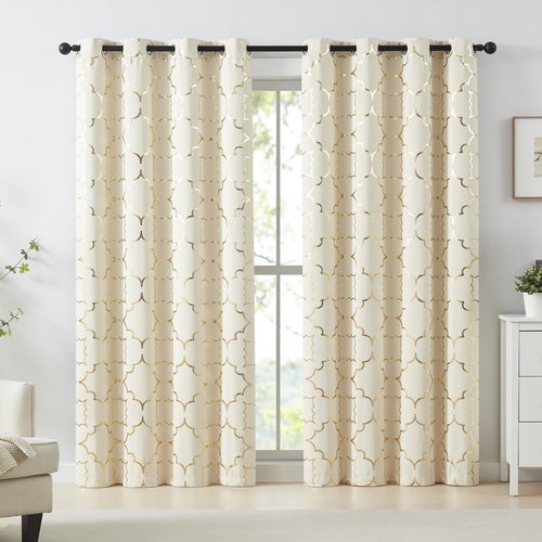 Purainbow Foil Gold Blackout Window Curtains for Bedroom Living Room 108inch Long Modern Metallic Print Thermal Insulated Drapes Privacy Protection Window Treatment Sets Grommet Top, 2 Panels, Beige