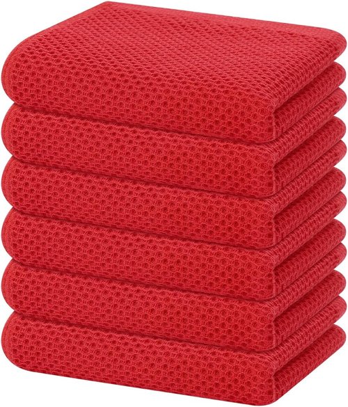 Homaxy 100% Cotton Waffle Weave Dish Towels - Ultra Soft & Absorbent, Quick Drying | 13 x 28 Inches, 6-Pack, Red