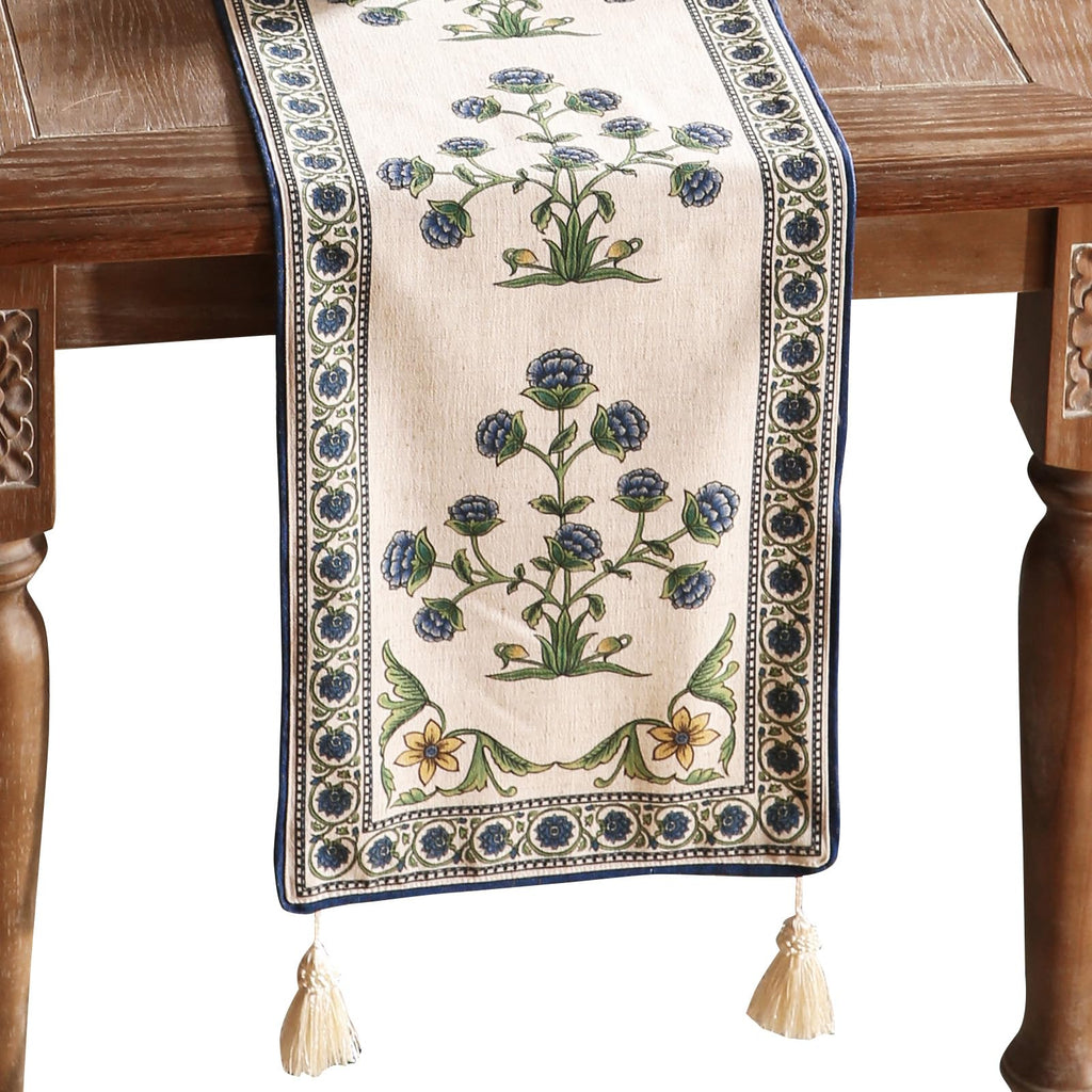 patdrea Designer Blue Rustic Elegant Floral Patterned Extra Long,Wrinkle Resistant Linen Table Runner 118 Inch Long,Decoration for Kitchen Dining and Coffee Tables Banquet Christmas , 12"x118"