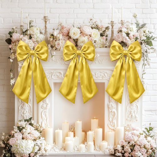 Gold Satin Bow Decorations by [Brand Name] - 3 Pcs 2 FT Large Hanging Wall Decor for Weddings & Parties