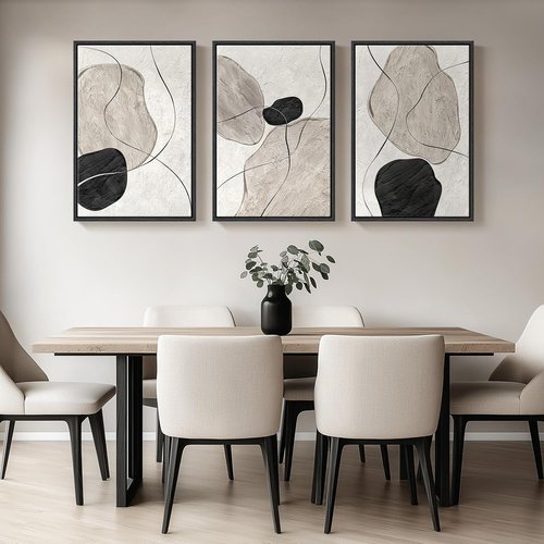 Framed Black and White Abstract Wall Art - Large 3 Piece Minimalist Canvas Set | Modern Decor for Living Room, Dining Room & Home Office - 24x36 In