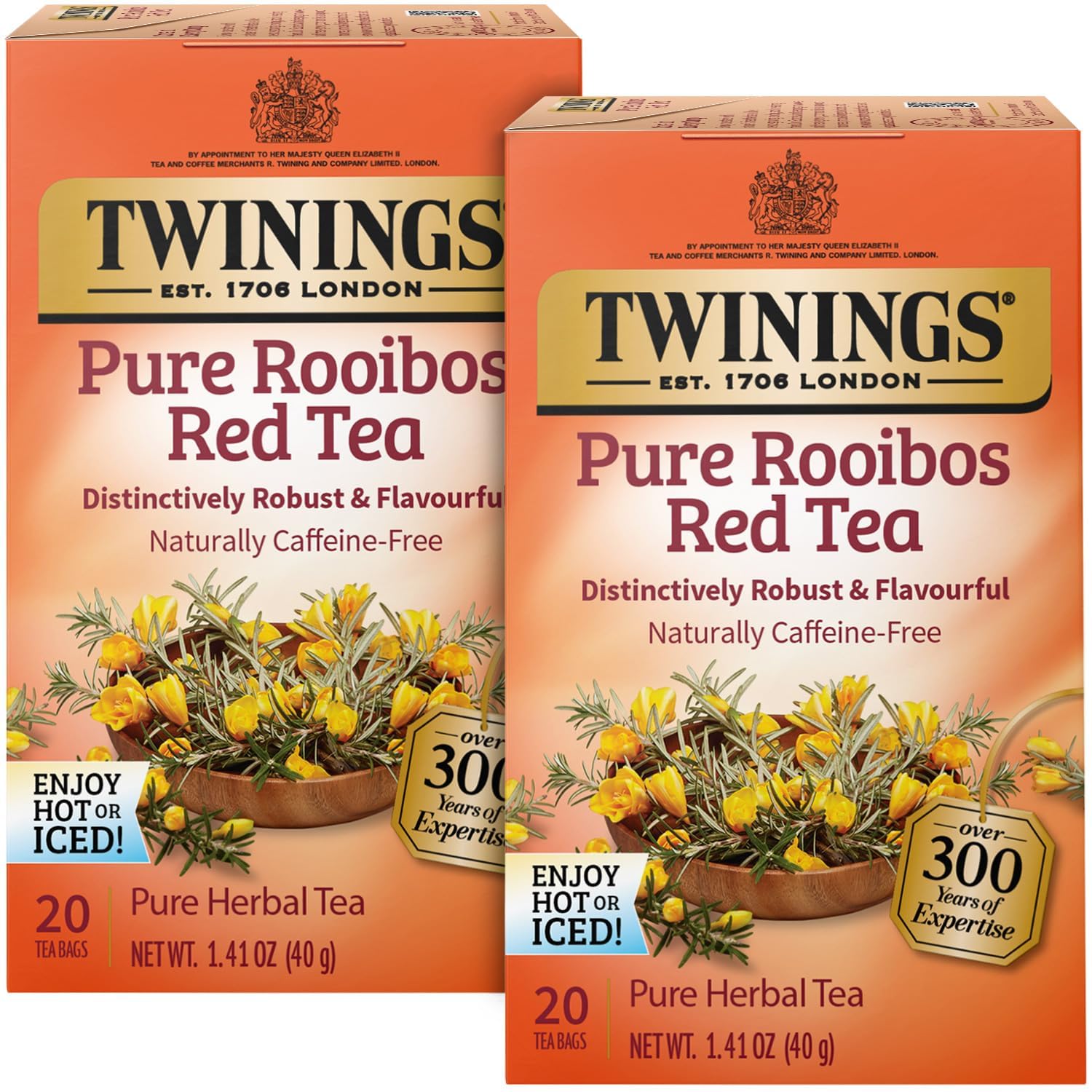 Twinings Pure Rooibos Red Tea - Naturally Sweet & Tangy Caffeine-Free Herbal Tea Bags, 20 Count (Pack of 2)
