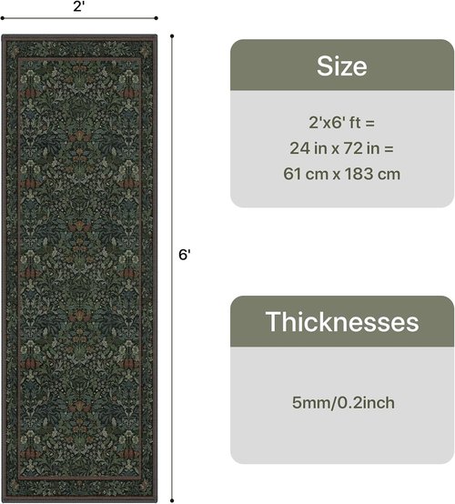 GENIMO 2x6 Runner Rug - Non-Slip Washable Vintage Boho Floral Carpet | Soft Low Pile for Hallway & Entryway, Dark Green
