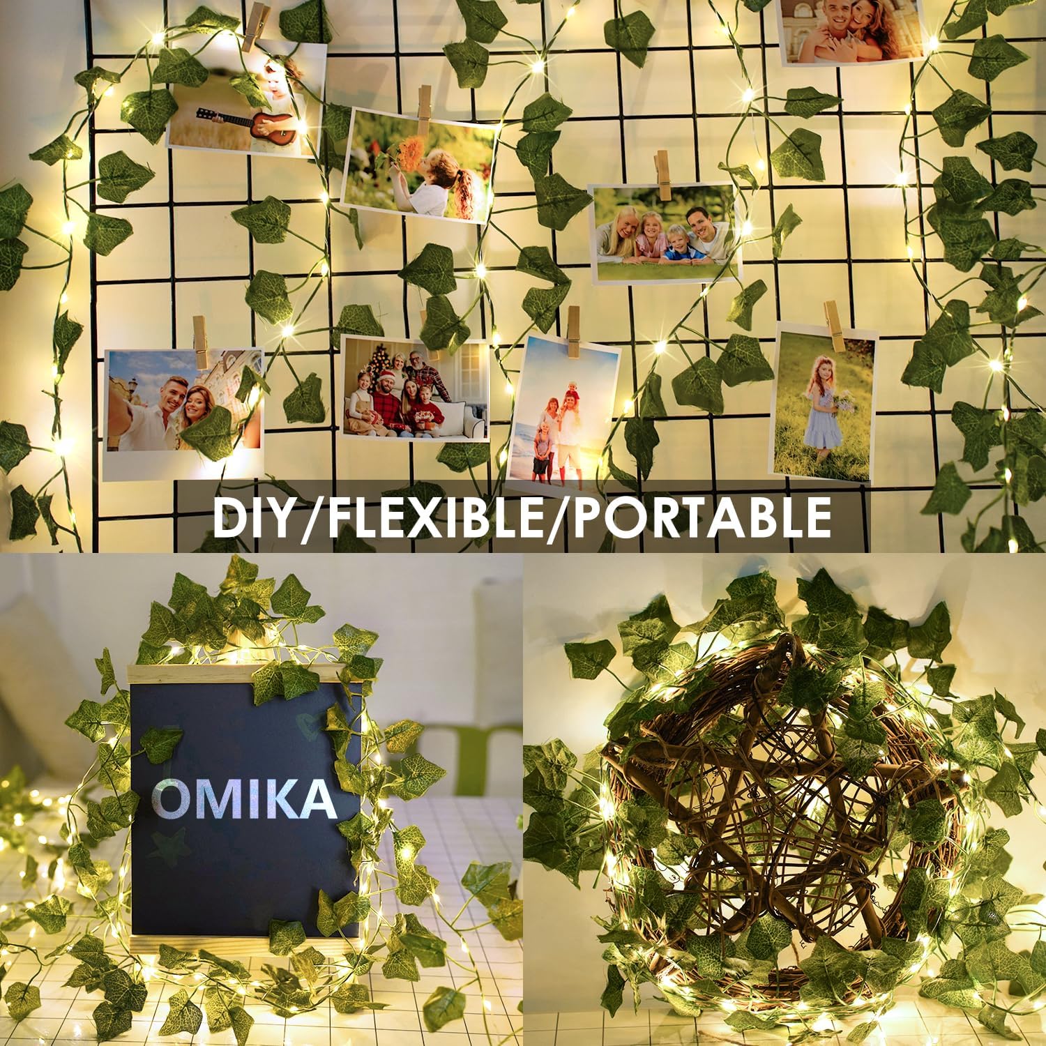 Skiennix 40ft LED Vine Fairy Lights - Battery Operated, 8 Modes & Timer, Green Leaf Decor for Indoor & Outdoor Events (Warm White)
