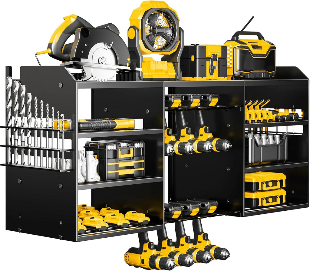 POKIPO Large Power Tool Organizer - Heavy Duty Wall Mount Drill Holder for 8 Drills | Black Utility Rack
