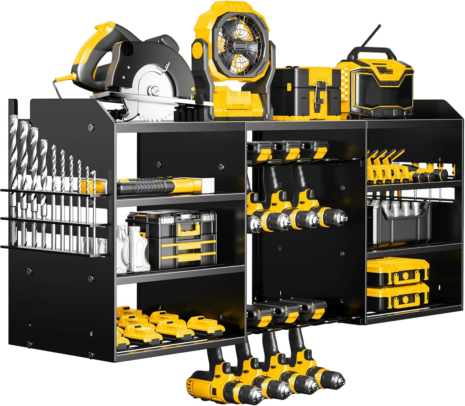 POKIPO Large Power Tool Organizer - Heavy Duty Wall Mount Drill Holder for 8 Drills | Black Utility Rack