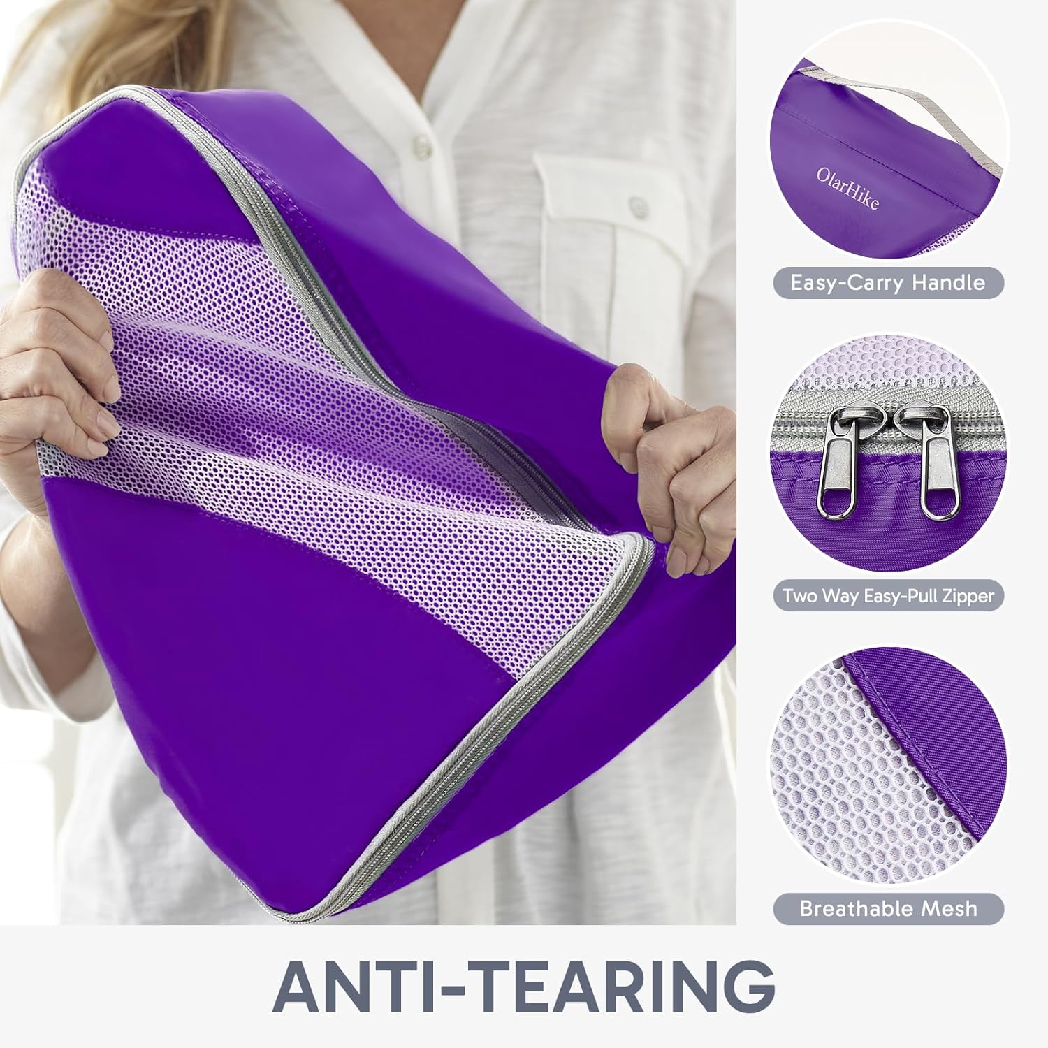 OlarHike Packing Cubes - Durable Travel Organizers with Anti-Tear Stitching | 10-Piece Set in Purple
