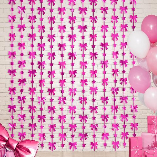 Menstarsi Bow Party Decorations - Hot Pink Foil Fringe Curtains | 3.3 X 6.6 Ft Birthday Backdrop