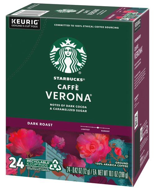 Starbucks Coffee K-Cup Pods, Caffè Verona, Dark Roast Coffee, Notes of Dark Cocoa & Caramelized Sugar, Keurig Genuine K-Cup Pods 24 Count (Pack of 2)