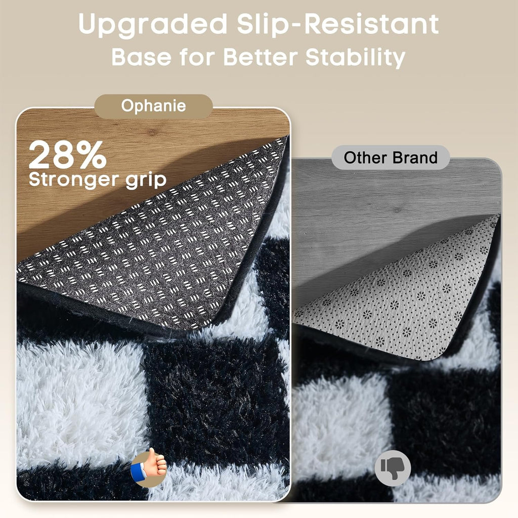 Ophanie Checkered Black & White Area Rug - Fluffy Soft Shaggy Carpet for Living Room & Bedroom | 6x9 Furry Design