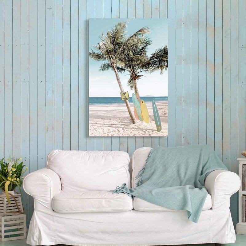 cozy country Beach Coastal Canvas Wall Art: 36" x 24" Seascape Artwork Sea Coconut Art and Beach Surfboards Painting Seaside Palm Tree Picture Decor for Living Room Bedroom