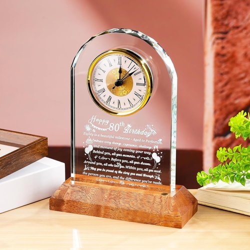 Arikyrist 80th Birthday Glass Clock - Unique Keepsake Gift for Men & Women with Wooden Light Base