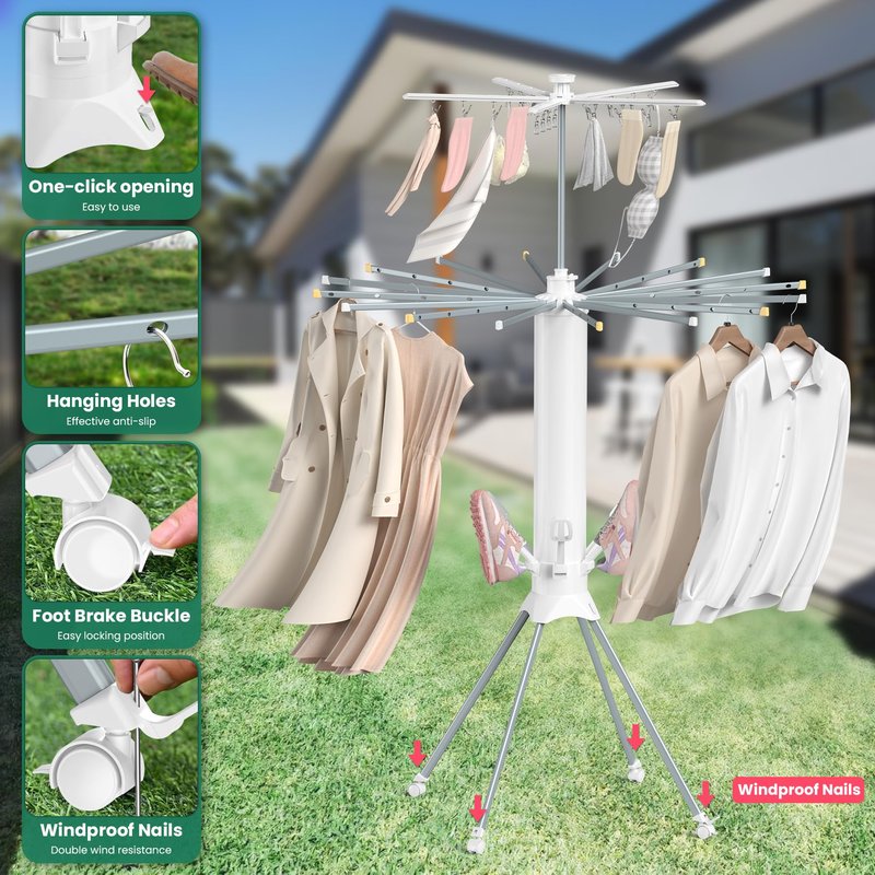 GBEER Clothes Drying Rack Foldable, 4-Legged Laundry Drying Rack Collapsible, Clothing Drying Rack with 4 Pulleys, 3-Tier Collapsible Drying Racks for Laundry and Shoes