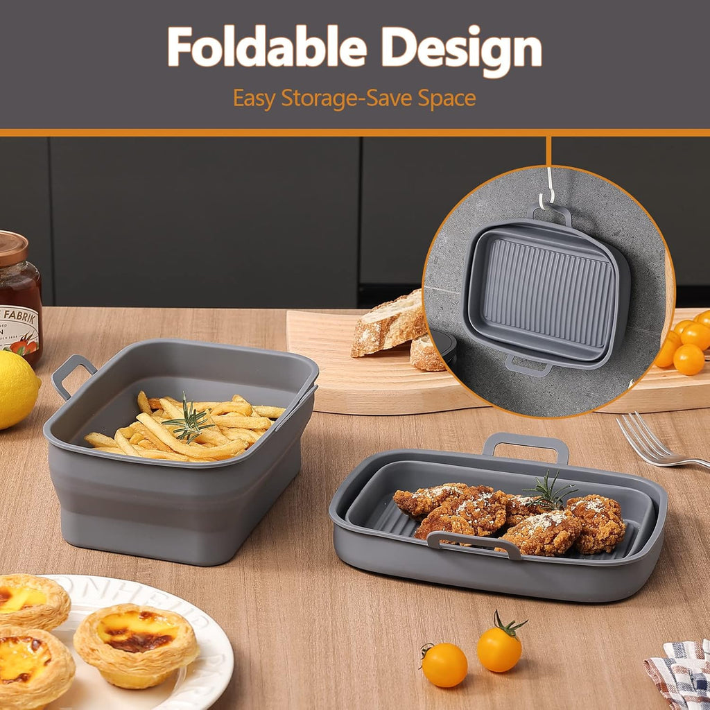 NINJA Air Fryer Silicone Liners - Collapsible 2-Pack for 8QT & 10QT | Reusable Rectangular Gray Basket