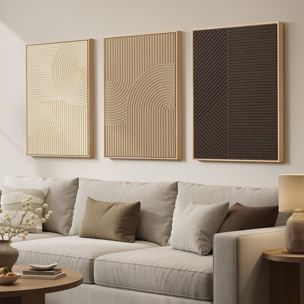 Skiennix Large 3D Textured Boho Wall Art - Modern Minimalist 3-Piece Set in Brown Beige Tan | 20x30 In