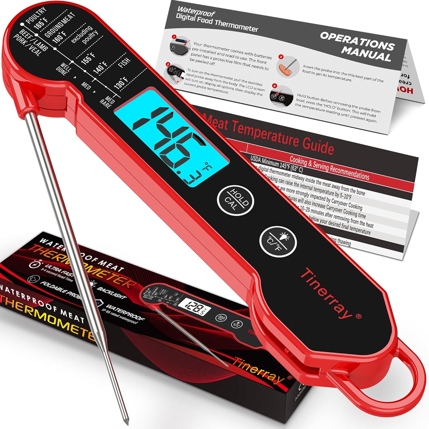 Professional Digital Meat Thermometer - Instant Read Waterproof Folding Probe with Backlight & Calibration | Ideal for BBQ, Grill, Cooking, and Liquids