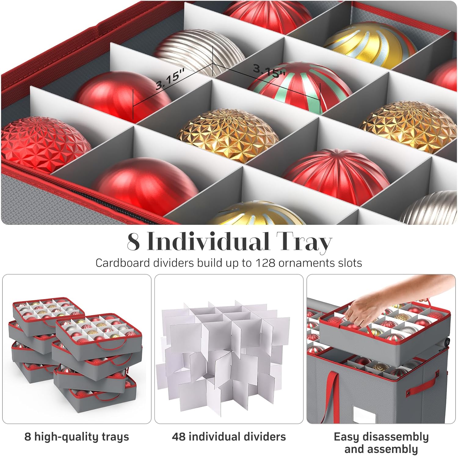 Winpull Christmas Ornament Storage Box - Large Organizer for 128 3-Inch Ornaments | Adjustable Dividers, Dual Zipper, Grey