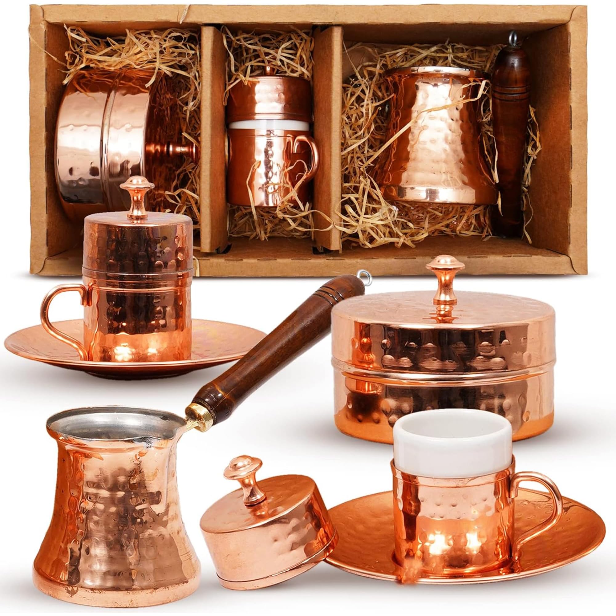 Turkish Coffee Set – Turkish Coffee Maker Set w/ 2 Cups, Sugar Dish, & Copper Pot (Cezve) – Traditional Gifts for Latte Lovers - 7oz