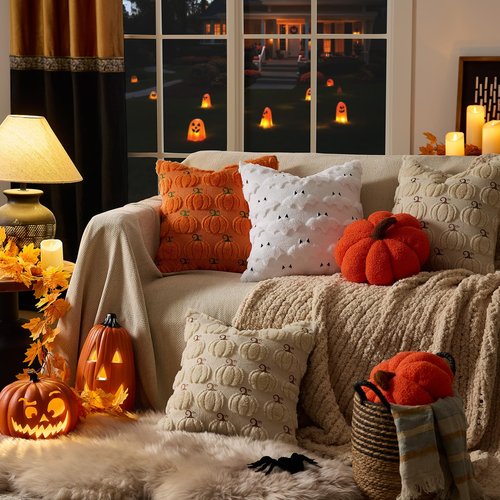 GIGIZAZA Fall Beige Pillow Covers 18x18, Set of 2 Halloween Decorative Pumpkin Throw Pillow Covers for Couch Living Room Cute Cushion Covers Faux Fur Farmhouse Pillows Cases