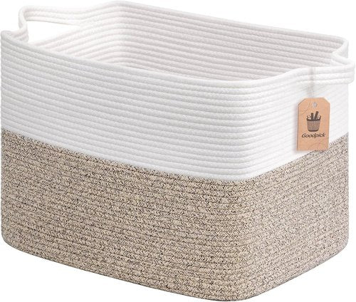 Goodpick Woven Baskets - Large 18" x 14" x 12" Rectangle Storage for Blankets & Toys | White & Brown Home Decor