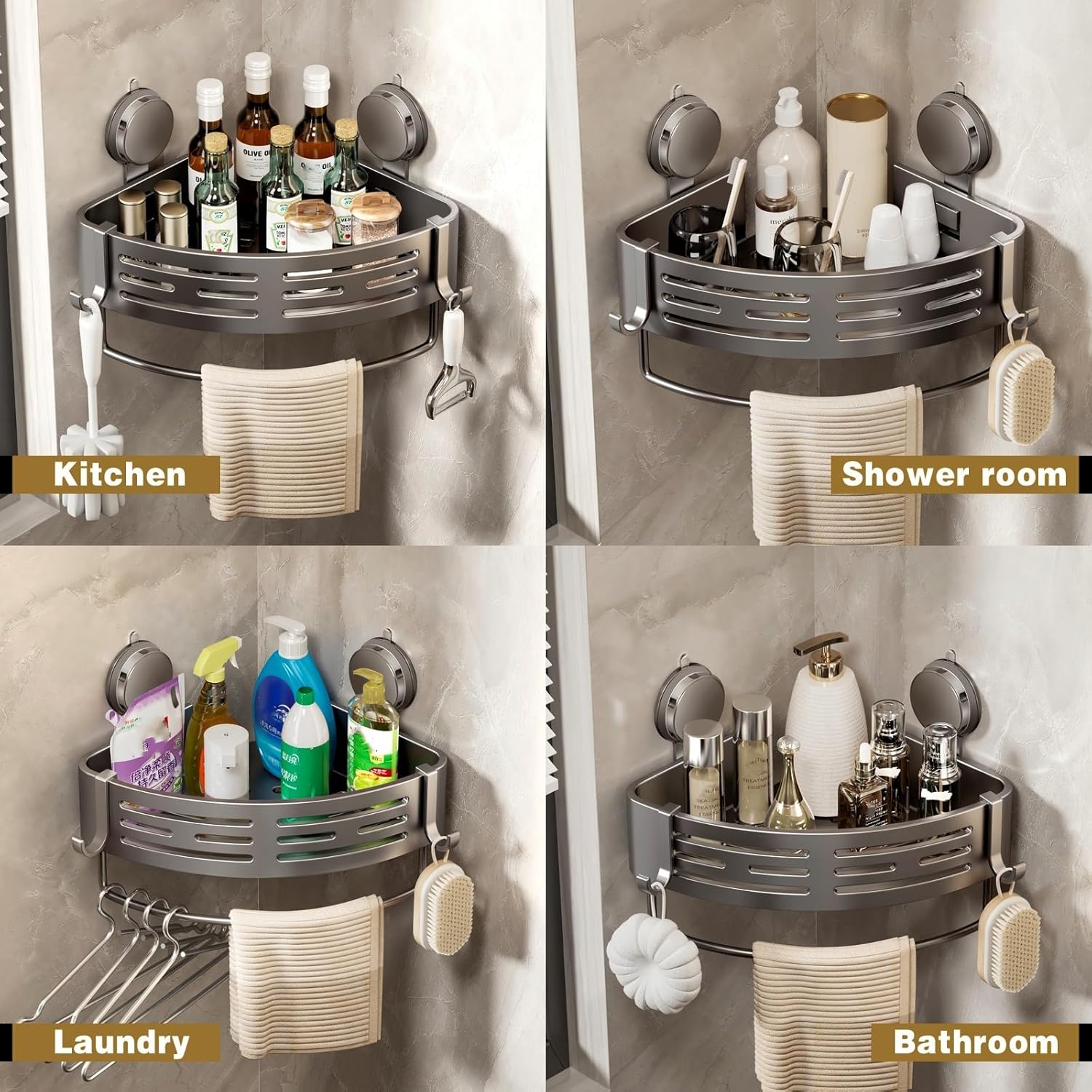 VOLPONE Corner Shower Caddy - No-Drill Suction Cup Bathroom Organizer with Towel Bar Hooks | Matte Gray (2-Pack)