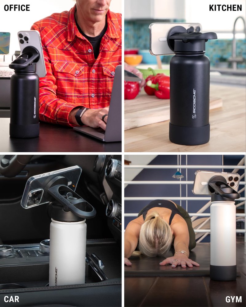 Scosche MFMS32 MagicMount Flask 32 oz Stainless Steel Water Bottle with MagSafe Phone Mount Stand, 12H Hot & 24H Cold, Insulated Flask with Magnetic Phone Holder for Gym, Travel, Sports, 32oz, Blue