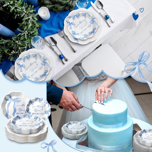 Roshtia 100 Pcs Something Blue Before I Do Paper Plates Blue Bowknot Wedding Bow Decorations 7 Inch 9 Inch Disposable Dinner Plates Bulk for 50 Guests Wedding Bridal Shower Engagement Bachelorette