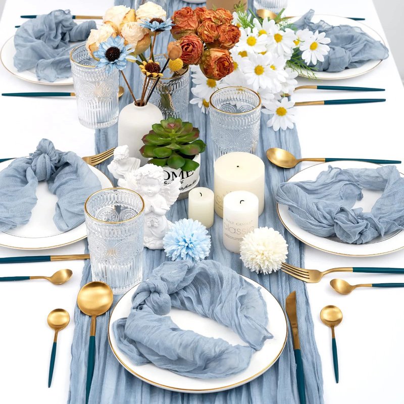 6 Pack Dusty Blue Cheesecloth Table Runner, 35 x 120 Inch Dusty Blue Cheese Cloth Table Runner, 10FT Boho Gauze Spring Table Runners for Wedding Bridal Baby Shower Birthday Party