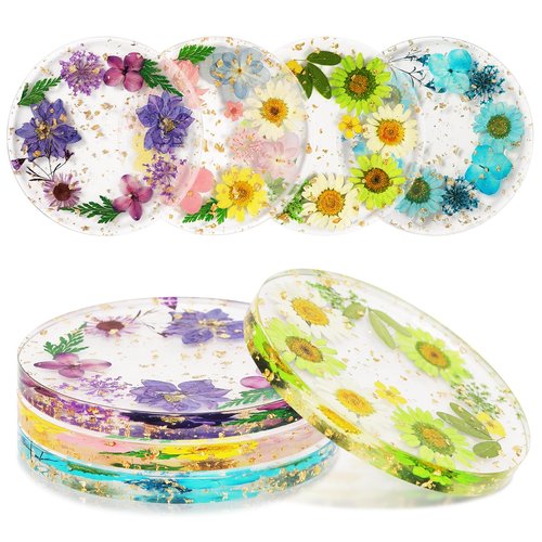 Flower Coasters, Tumwisk 4Pcs Dried Flower Drink Coasters, Women Coffee Table Dining Table Desk Aesthetic Coaster Set Natural Floral Coaster Home Decoration Housewarming Present