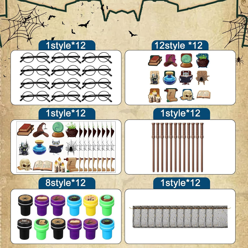 Pasimy Wizard Party Favors - 144 Pcs Birthday Decorations with Mini Notebook, Glasses & Stickers