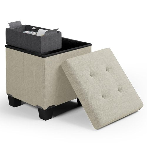 Storage Ottoman Cube with Storage Bin, 15-In Square Ottoman with Storage for Living Room and Bedroom, Foot Stools Ottoman, Small Ottoman Foot Rest, Storage Chest Max 660lbs, Fabric Ivory Ottoman