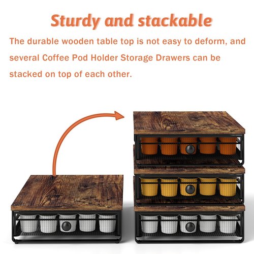 Ferrivista Coffee Pod Storage Drawer,with Sliding Baskets,Coffee Pod Holders for K Cups,35 Capacity Coffee Capsules Storage Organizer,Under Coffee Pot Storage Drawer,for Home Office, Kitchen (BROWN)