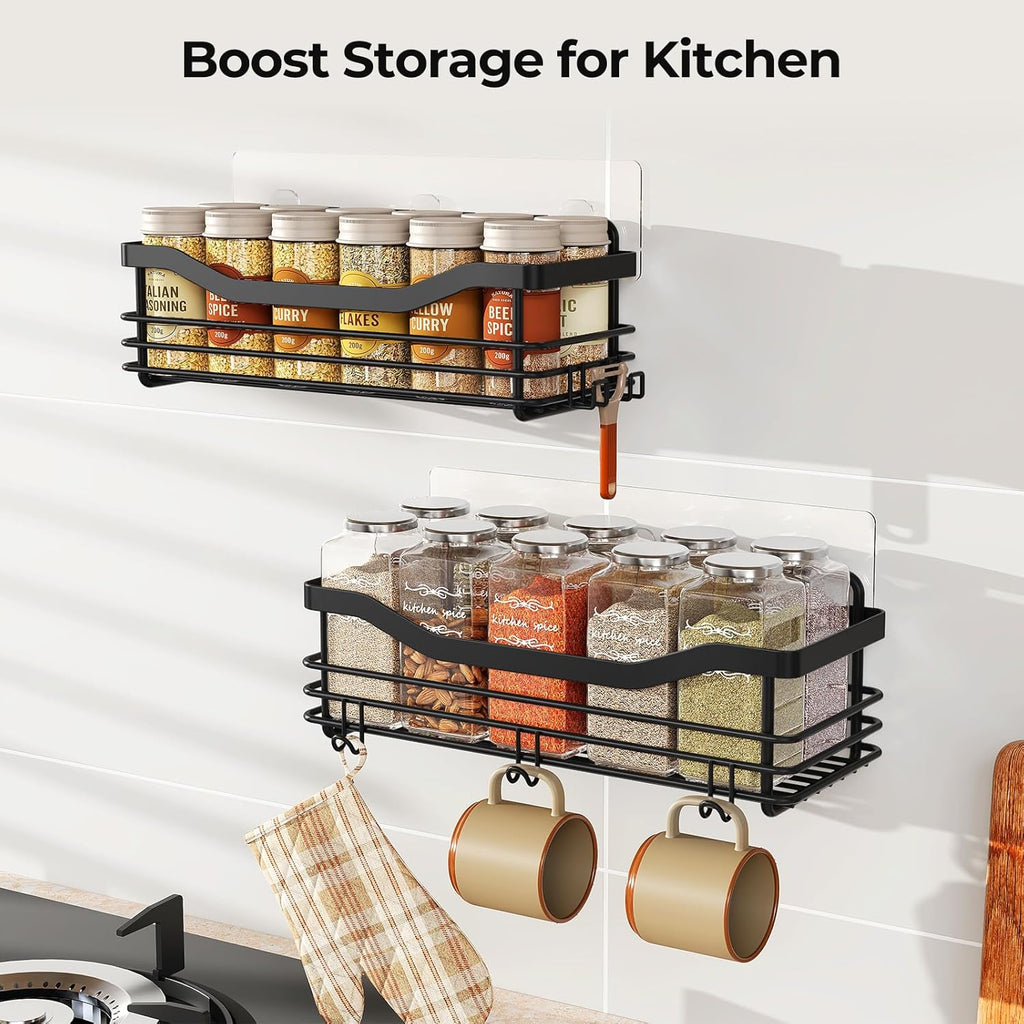 Orimade Adhesive Shower Caddy Shelf - Rust Resistant Wall Mounted Organizer with 5 Hooks | 2 Pack, Black