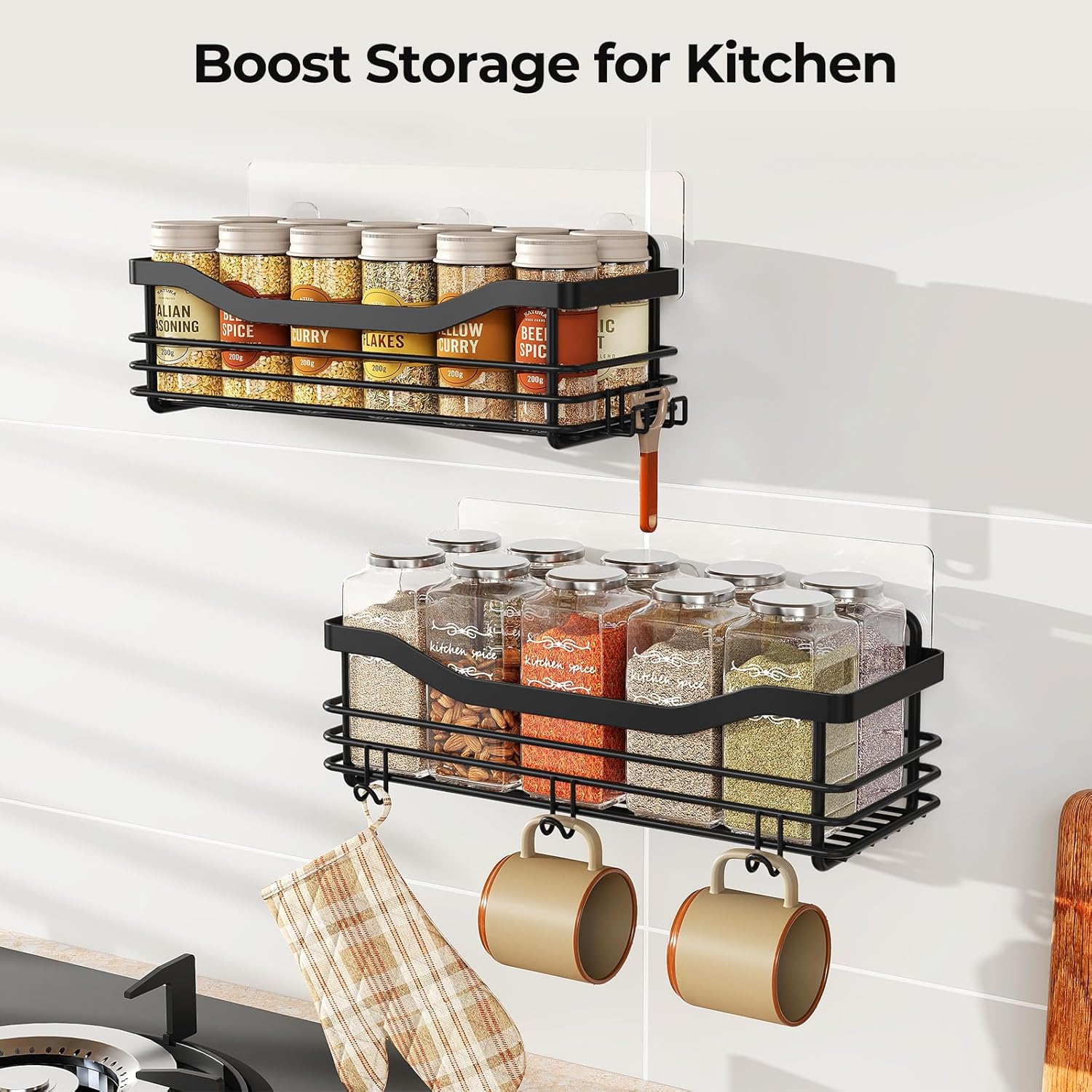 Orimade Adhesive Shower Caddy Shelf - Rust Resistant Wall Mounted Organizer with 5 Hooks | 2 Pack, Black