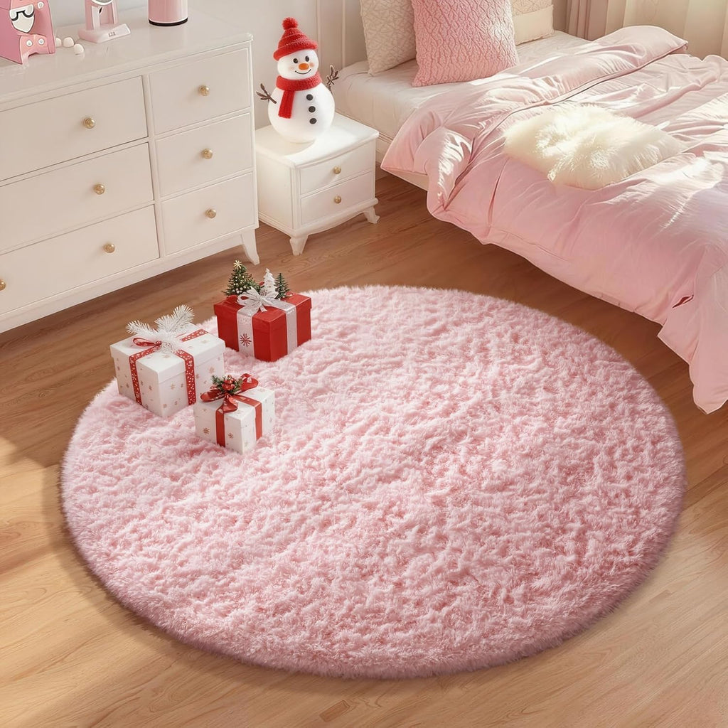 Ophanie Pink Round Rug - Fluffy Kawaii Shag Area Rug for Girls' Bedroom | 4Ft Plush Carpet for Nursery & Living Room Decor
