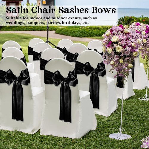 Black Satin Chair Sashes by [Brand Name] - Elegant 7x108 Inch Bows for Weddings & Events | 12 Pcs