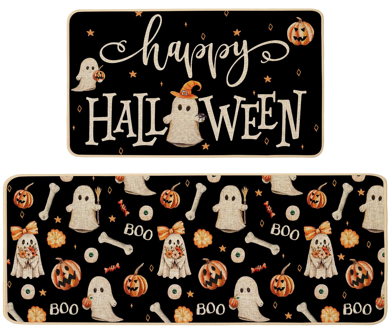 Baccessor Halloween Ghost Kitchen Mats Set of 2, Spooky Pumpkins Ghost Black Kitchen Mat Rug Low-Profile Non Slip Absorbent Kitchen Floor Mats for Fall Home Party Decor 17x29 and 17x47 Inch