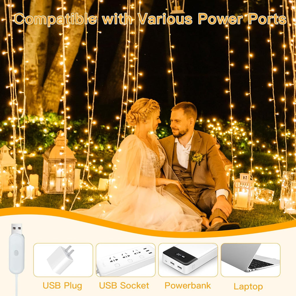 Ollny 200 LED Curtain Lights - 6.6x6.6ft Dimmable Fairy Lights with Remote & Timer | Warm White Indoor Decor