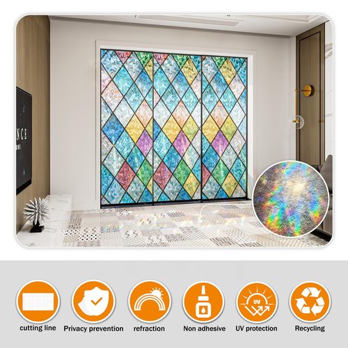 Countewol Rainbow Privacy Window Film Stained Glass Window Film That is Adhesive-Free, Residue-Free, Reusable, and Easy to Install with Tools. (Rainbow, 35.4 X 157.4 in)