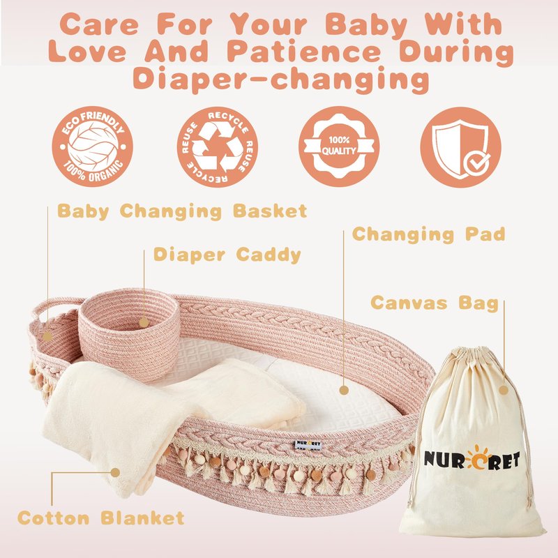 Nurcret Baby Changing Basket, Foldable Portable Changing Pad, Moses Basket for Newborn, Changing Table Topper for Dresser, Cotton Rope Diaper Caddy for Travel&Nursery, Waterproof Foam Pad Cover, Pink