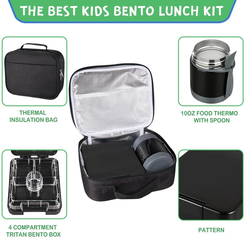 Pawtong Bento Lunch Box Set With 10oz Soup Thermo, Leak-proof Lunch Containers with 4 Compartment, Kids Hot Thermo Food Jar/Insulation Lunch Bag, Food Containers for School（Shark）