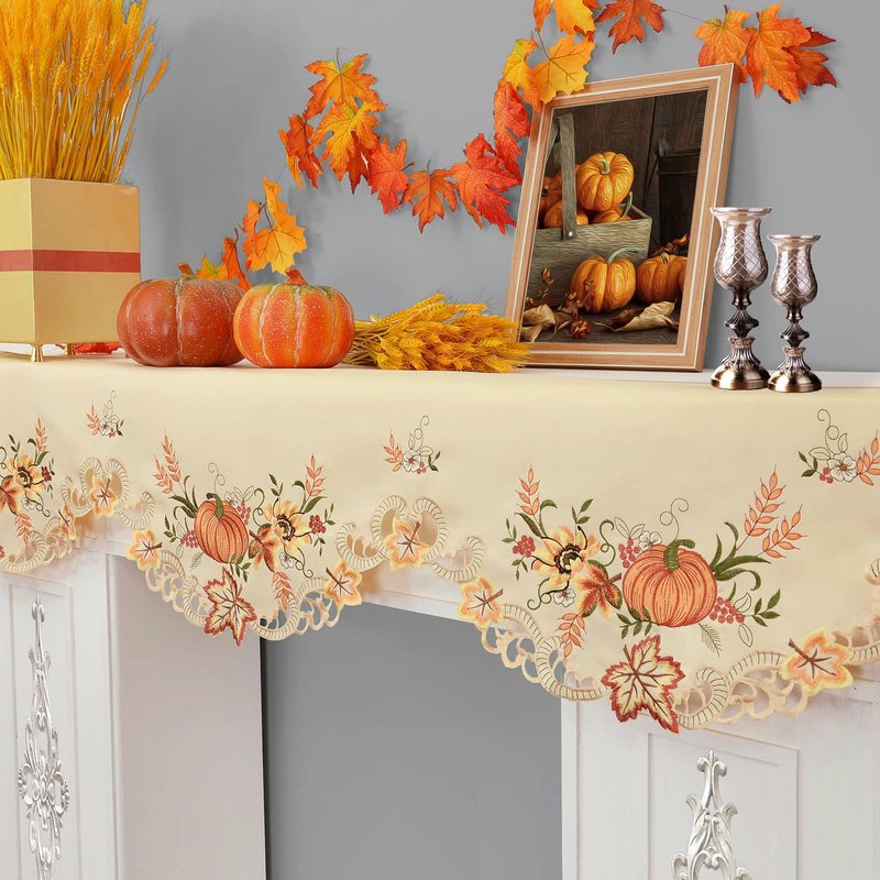 Simhomsen Beige Embroidered Pumpkins Fall Autumn Mantel Shelf Top Scarf Runner for Thanksgiving (70 × 17 inches)