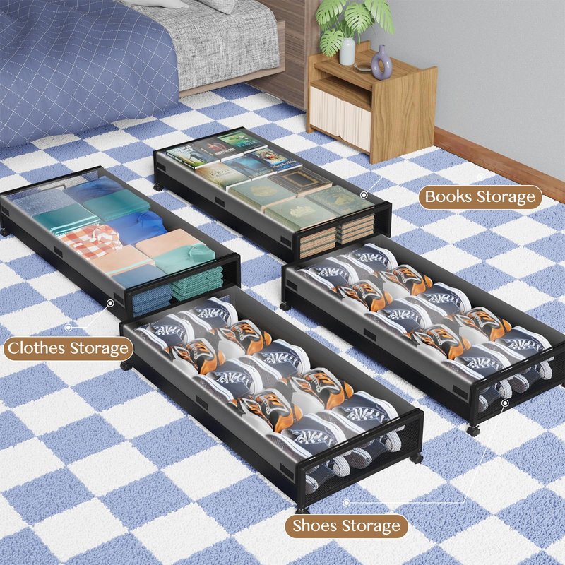 Futego Under Bed Storage with Wheels,2 Pack Under Bed Storage Containers with Clear Lids,Under the bed storage Organizer Bins, Large Rolling Under Bed Metal Drawer for Clothes,Shoes,Blankets